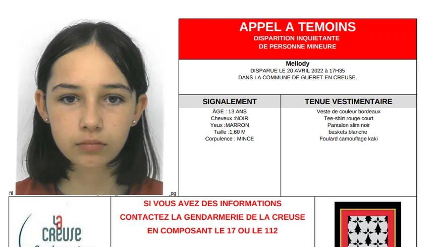 Creuse : un appel à témoin lancé pour tenter de retrouver Mellody, 13 ans, disparue depuis mercredi 20 avril