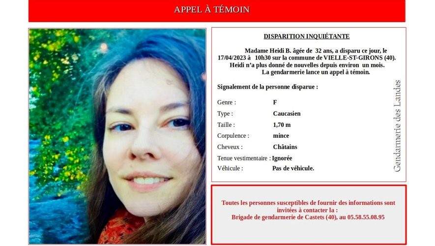 Heidi, 32 ans, est portée disparue depuis un mois dans les Landes, la gendarmerie lance un appel à témoins