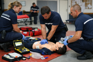 Gendarmerie : une habilitation officielle pour former aux premiers secours sur tout le territoire Formation aux premiers secours réalisée par des gendarmes dans le cadre de leur préparation opérationnelle