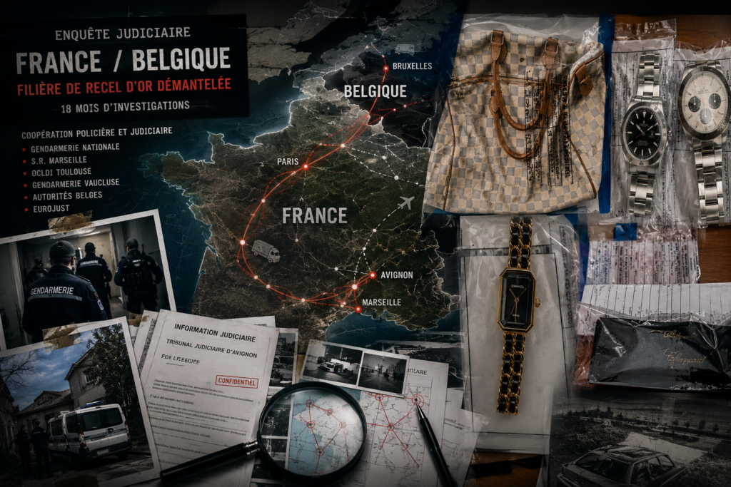 Vaucluse : la gendarmerie démantèle une filière internationale de recel d’or entre la France et la Belgique Bijoux et montres de luxe saisis lors du démantèlement d’une filière de recel d’or par la gendarmerie