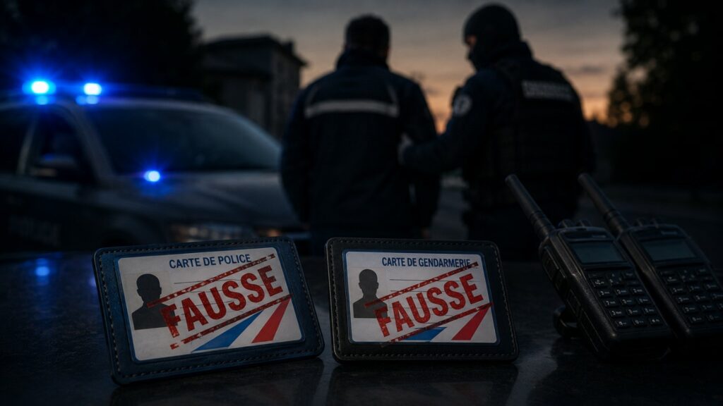 Perruques, fausses cartes et plaques : la SR de Versailles remonte la piste de deux suspects Deux fausses cartes de police et de gendarmerie barrées du mot « FAUSSE », avec une scène d’interpellation en arrière-plan.