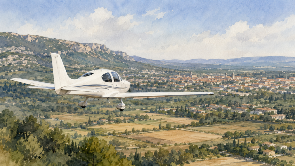 Salon-de-Provence : deux militaires légèrement blessés dans l’accident d’un avion de formation Illustration en aquarelle d’un avion léger de type Cirrus SR-20 survolant un paysage provençal