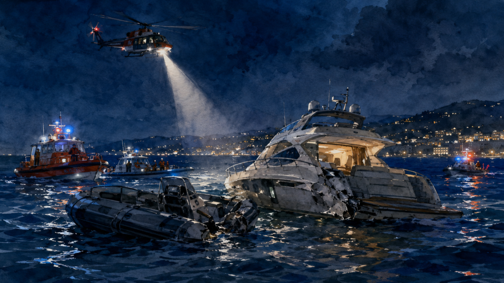 Collision au large de Mandelieu : après les secours, la Gendarmerie ouvre l’enquête sur un abordage qui a fait dix blessés Illustration d’une opération de secours de nuit après une collision entre deux bateaux de plaisance en mer.