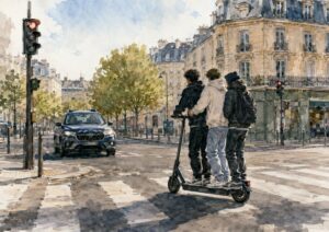 Trottinettes électriques : derrière l’anecdote, une accidentalité qui explose Trois adolescents sur une trottinette électrique devant une patrouille de gendarmes, illustration en aquarelle