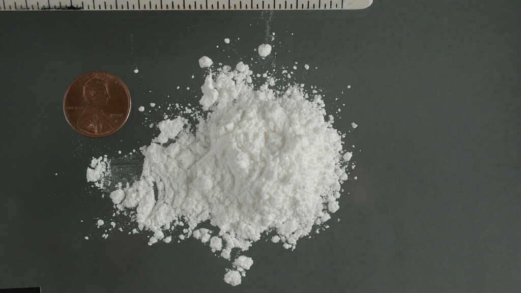 Cocaïne : dix mises en examen après l’enquête de la SR d’Angers et de l’OFAST Poudre de cocaïne photographiée par la DEA, avec une pièce américaine servant d’échelle.
