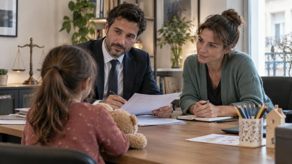 Protection de l’enfance : un avocat en janvier, un projet de loi encore au Sénat Illustration générée par IA : une enfant accompagnée de deux adultes lors d’un entretien dans un bureau.