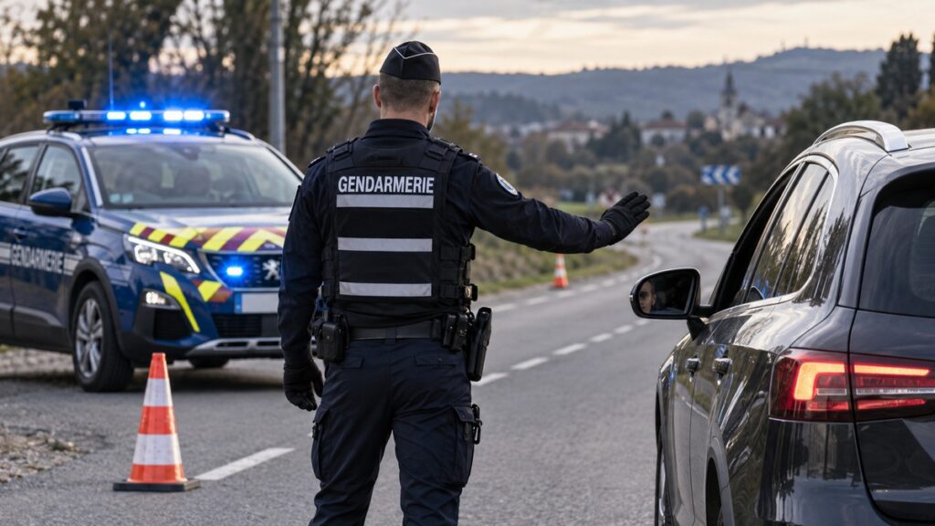 Illustration générée par intelligence artificielle : un gendarme de dos contrôle une voiture, avec un véhicule de gendarmerie à proximité.