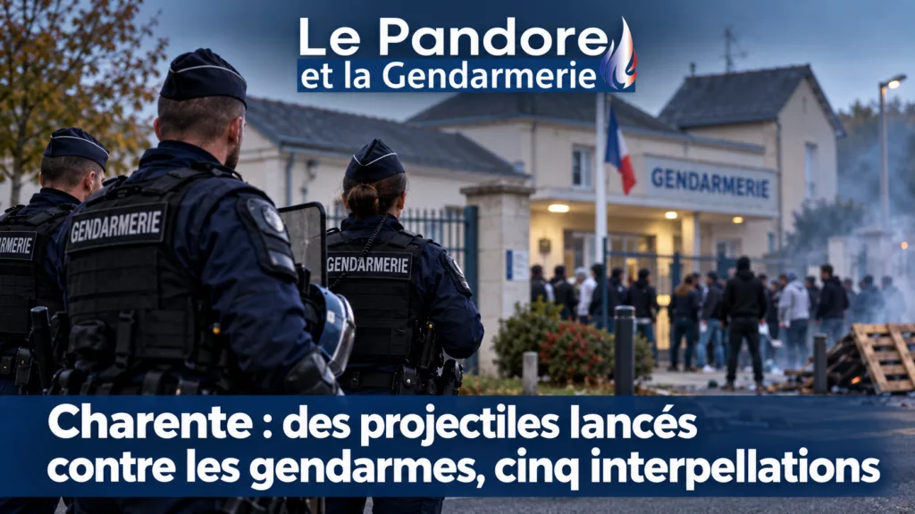 Charente : des projectiles lancés contre les gendarmes, cinq interpellations Illustration éditoriale d'une brigade de gendarmerie en Charente, avec des gendarmes mobilisés devant le bâtiment, évoquant les incidents survenus à Roumazières-Loubert le 13 octobre 2026.