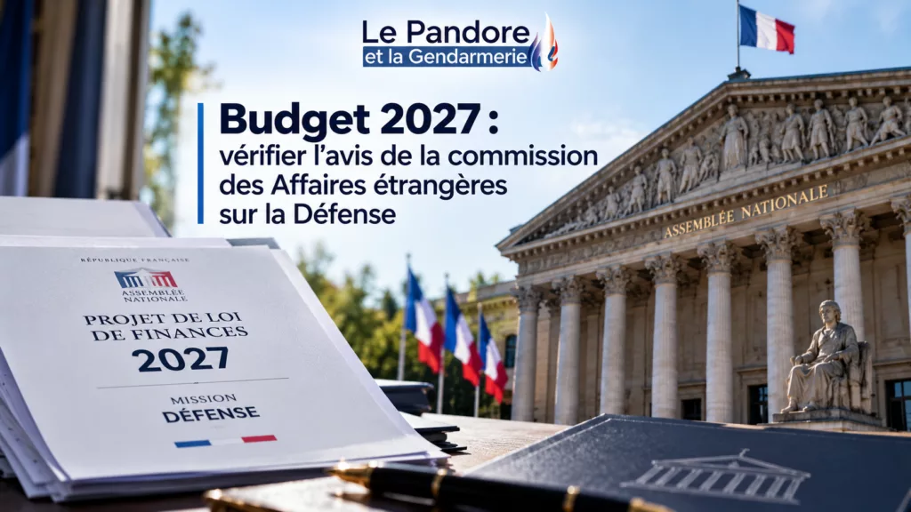 Budget 2027 : vérifier l’avis de la commission des Affaires étrangères sur la Défense Illustration éditoriale du projet de loi de finances 2027, mission Défense, avec des documents budgétaires au premier plan et le Palais Bourbon, siège de l’Assemblée nationale, en arrière-plan.