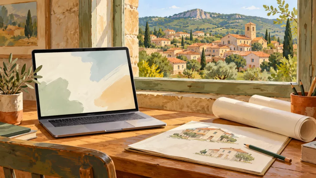 Clermontais : les dossiers d’urbanisme en ligne, le papier reste possible Illustration générée par IA : un ordinateur et un dossier papier sur un bureau, devant un village imaginaire de l’Hérault.