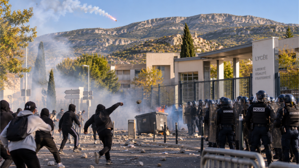Illustration générée par IA montrant des affrontements devant un lycée dans les Alpes-de-Haute-Provence, avec des policiers, des gendarmes et des projectiles