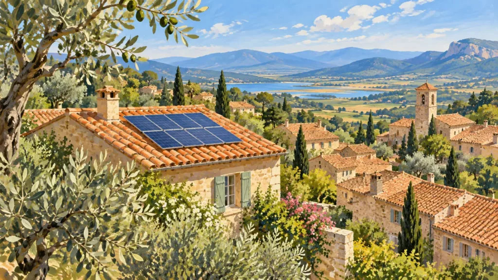 Hérault Méditerranée : ce que le cadastre solaire dit vraiment de votre toit Illustration générée par IA : panneaux solaires sur le toit d’une maison dans un village méditerranéen imaginaire.