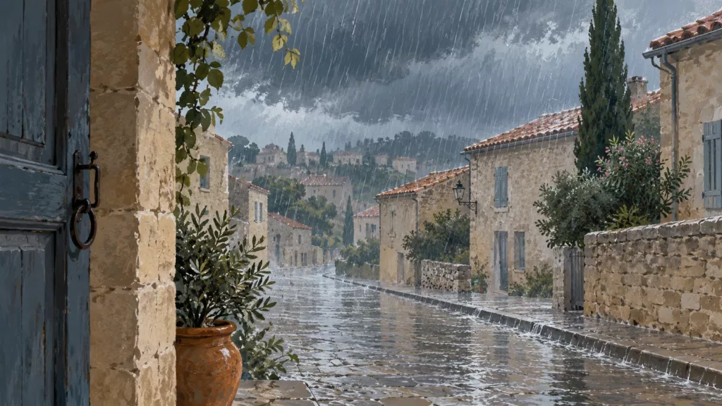 Hérault : vigilance orange orages et pluie-inondation annoncée à 14 h Illustration IA : pluie forte sur une rue imaginaire bordée de maisons en pierre et de toits de tuiles.