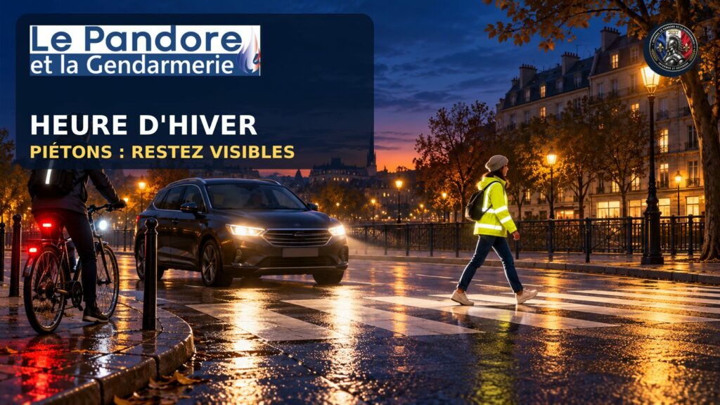 Heure d’hiver : vigilance pour les piétons entre 17 h et 19 h Piéton visible au crépuscule face à une voiture et un cycliste, avec le rappel « Heure d’hiver — piétons : restez visibles »