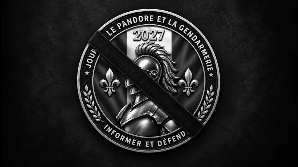 Rondache du Pandore en noir et blanc barrée d’un bandeau noir en hommage à l’adjudant-chef Laurent Paruch