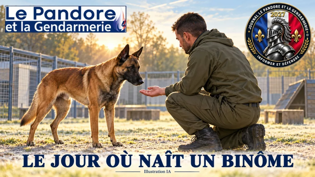 Illustration IA d’un gendarme accroupi face à un malinois sur un terrain d’entraînement. Texte : « Le jour où naît un binôme ».