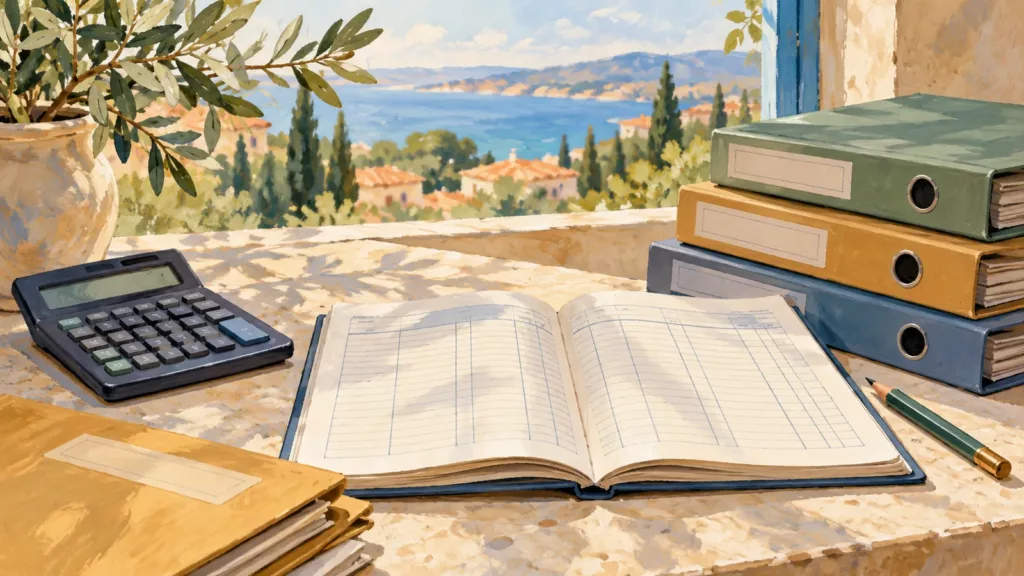 Lodève recrute un gestionnaire comptable : candidature avant le 8 novembre Illustration générée par IA : une calculatrice, un registre et des classeurs sur une table, dans un décor méditerranéen imaginaire.