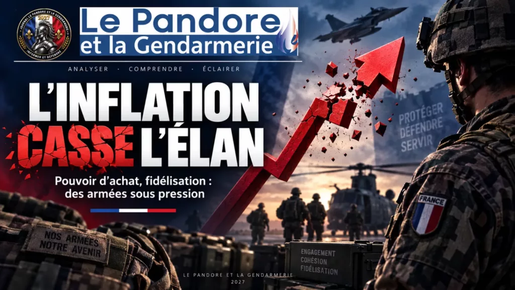 Couverture éditoriale sur le PLF 2027 montrant des militaires français et une flèche ascendante brisée par l’inflation.