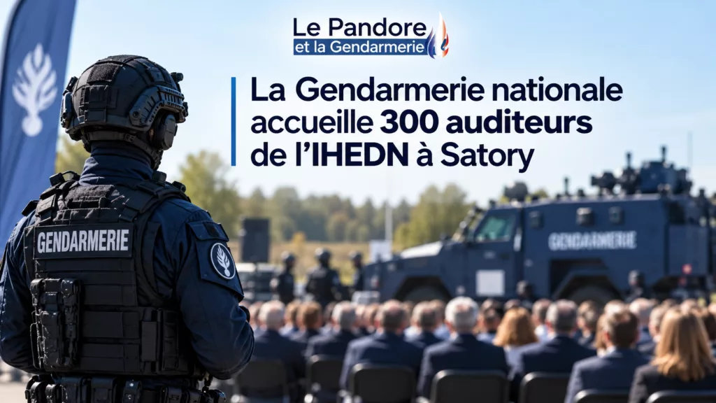 Quelque 300 auditeurs de l’IHEDN accueillis par la Gendarmerie nationale Illustration éditoriale d’un gendarme en tenue d’intervention, face à un public d’auditeurs, avec un véhicule blindé de la Gendarmerie nationale en arrière-plan. Visite de l’IHEDN à Satory, le 14 octobre 2026.