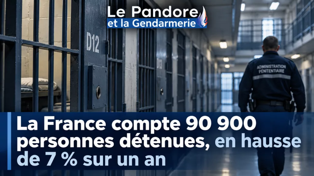 La France compte 90 900 personnes détenues, en hausse de 7 % sur un an Illustration éditoriale d’un couloir de prison française avec des cellules et un surveillant pénitentiaire de dos, accompagnée du titre annonçant 90 900 personnes détenues, en hausse de 7 % sur un an.