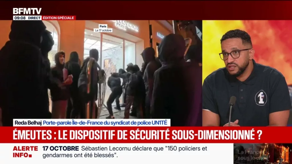 Reda Belhaj, porte-parole UN1TÉ Île-de-France, sur BFMTV le 18 octobre 2026, devant des images de pillages à Paris.