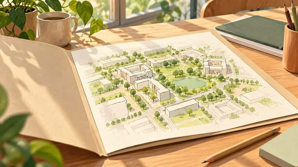 Montpellier : derniers avis ce jeudi avant 19 h sur la ZAC de l’Union Illustration générée par IA : un carnet présentant un quartier imaginaire sur une table.