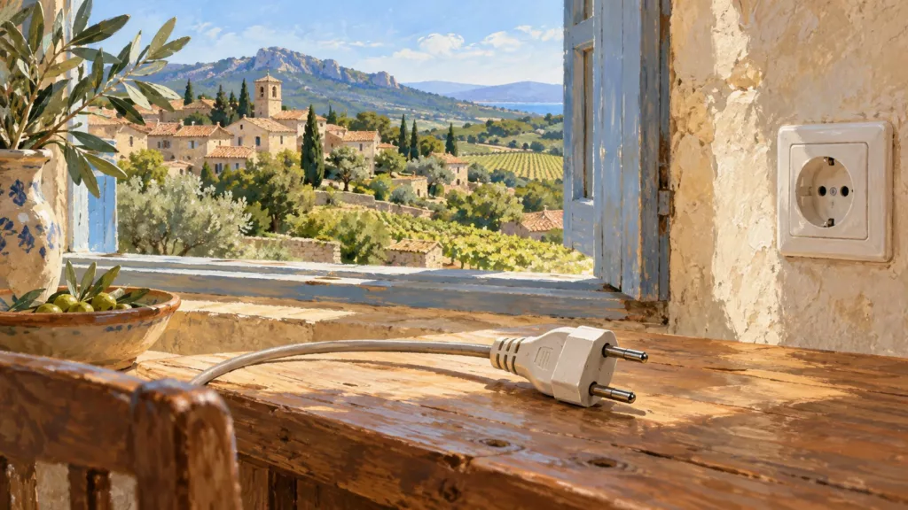 Illustration IA : une prise électrique débranchée dans une maison imaginaire, avec un village méditerranéen à la fenêtre.