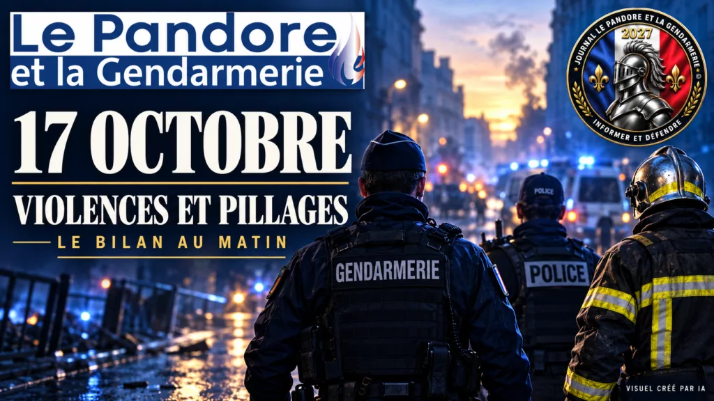 Illustration éditoriale du bilan des manifestations du 17 octobre 2026, avec un gendarme, un policier et un sapeur-pompier.