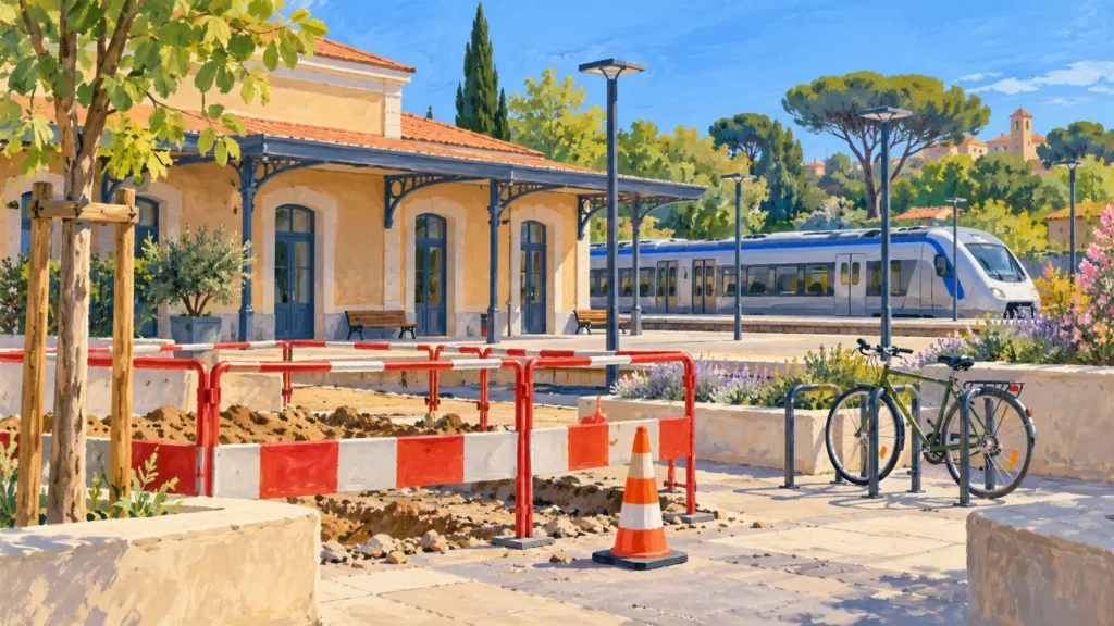 Gare d’Agde : ce qui change pendant la deuxième phase des travaux Illustration générée par IA : barrières de chantier, vélo et train dans une gare imaginaire.