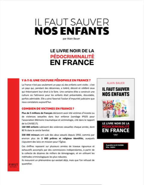Fiche First transmise par Alain Bauer : couverture et présentation de son livre Il faut sauver nos enfants.