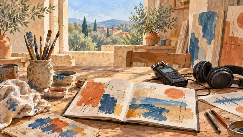 Illustration générée par IA : carnet de dessins, pinceaux, enregistreur et casque dans un atelier imaginaire.