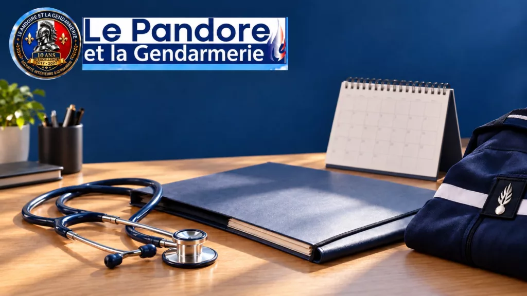 Illustration : un stéthoscope, un dossier fermé, un calendrier et un uniforme de gendarmerie plié sur un bureau.