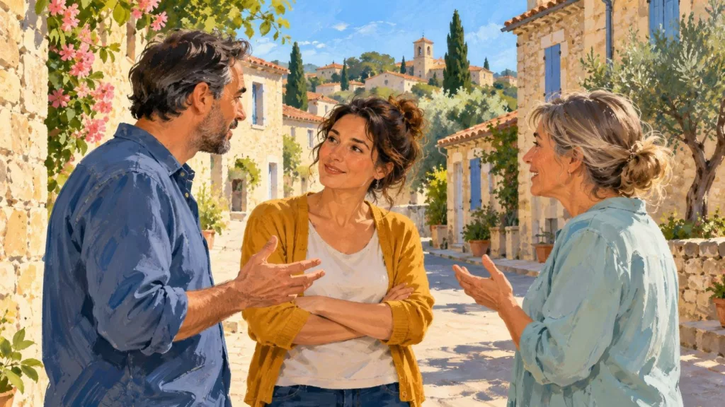 Autignac : une réunion sur la sécurité des quartiers ce jeudi soir Illustration peinte de trois voisins discutant dans une rue d’un village méditerranéen imaginaire.