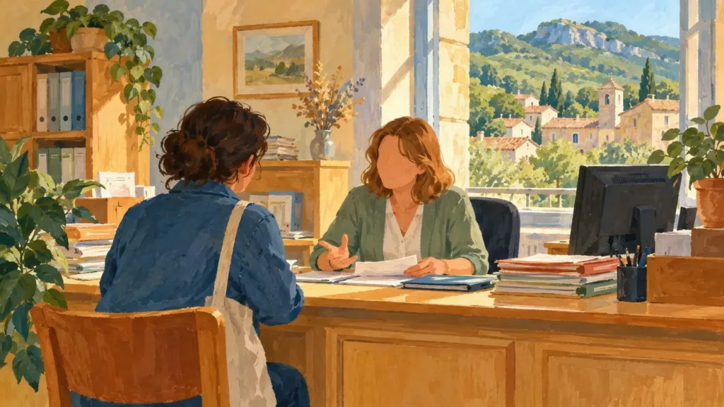Avène : deux postes administratifs de six mois, candidatures jusqu’au 19 octobre Illustration peinte d’une personne accueillie à un bureau administratif dans une mairie imaginaire.