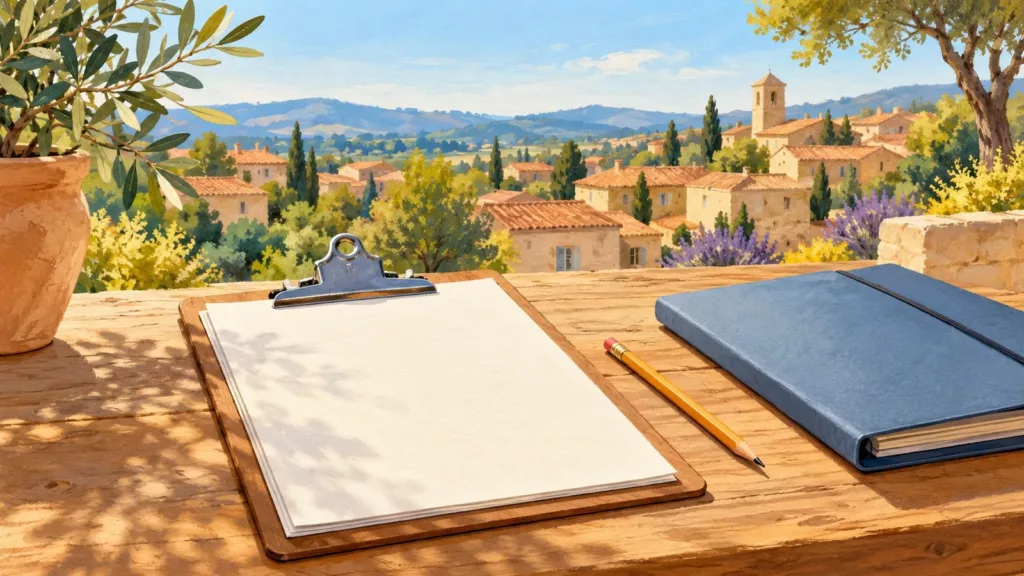 Illustration IA : porte-documents et crayon devant un village méditerranéen imaginaire.