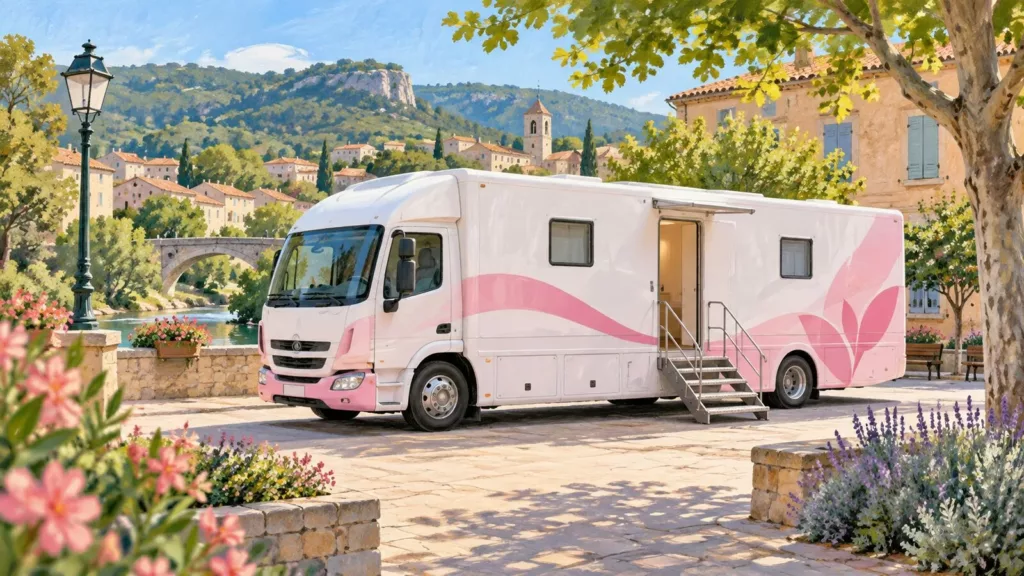 Bédarieux : le Mammobile sera présent les 19 et 20 octobre Illustration générée par IA : un véhicule de santé mobile blanc et rose dans un village imaginaire.