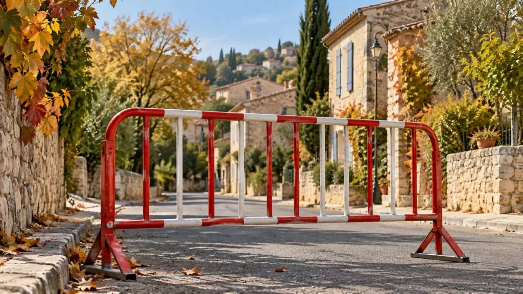 Claret : stationnement et circulation modifiés pour le Critérium des Cévennes Illustration IA : barrière rouge et blanche dans une rue de village imaginaire.