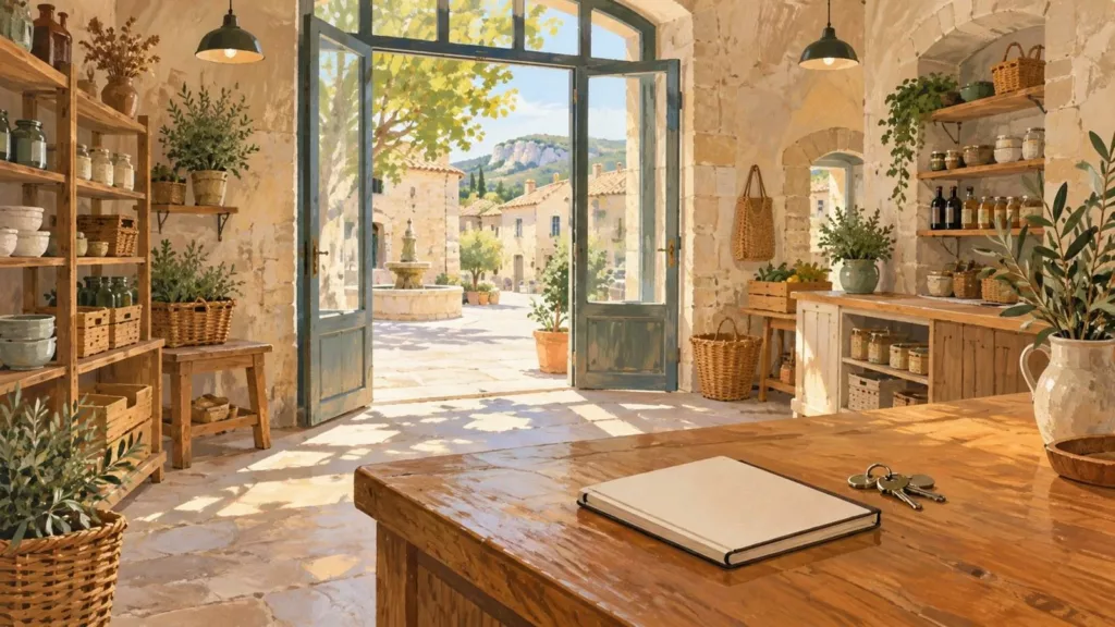 Claret : un local pour ouvrir son commerce à l’Orangerie Illustration peinte d’un comptoir de commerce avec un carnet et des clés, dans un village méditerranéen imaginaire.