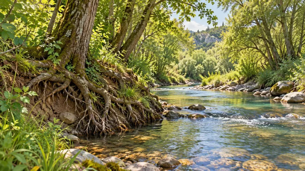 Clermontais : entretenir les berges sans mettre la rivière à nu Illustration IA : les racines d’arbres maintiennent une berge au bord d’une rivière imaginaire.