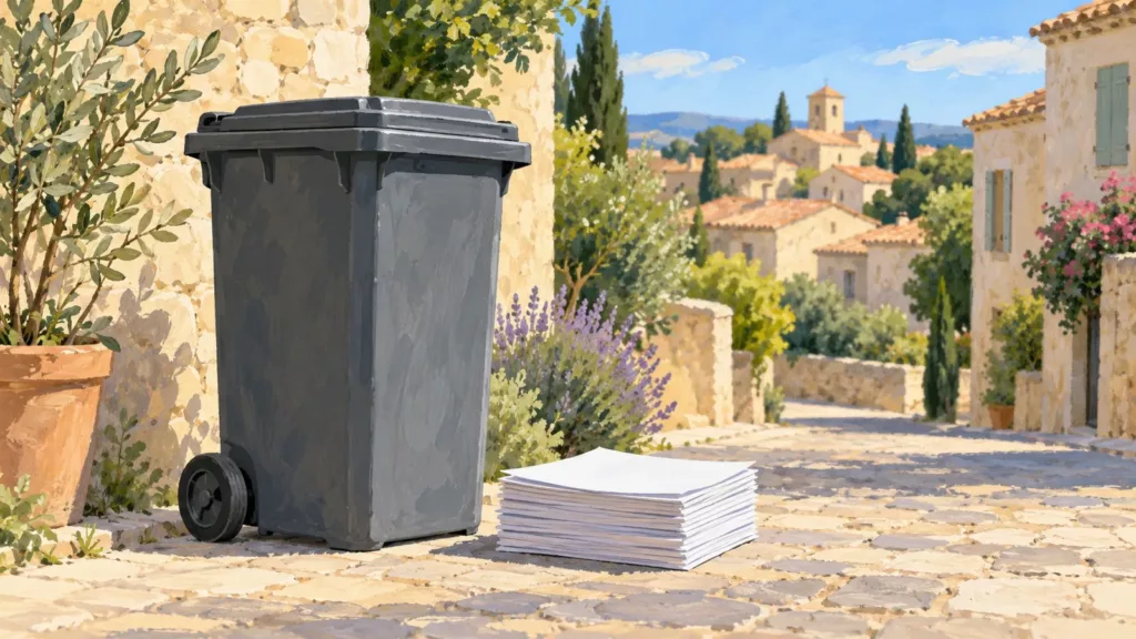 Illustration IA : bac gris fermé et feuilles de papier dans un village méditerranéen imaginaire.
