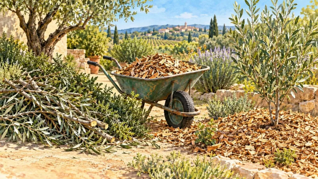 Entre-Vignes : broyage gratuit ou aide au broyeur, deux solutions à distinguer Illustration générée par IA : branches taillées, brouette de broyat et paillage dans un jardin imaginaire.