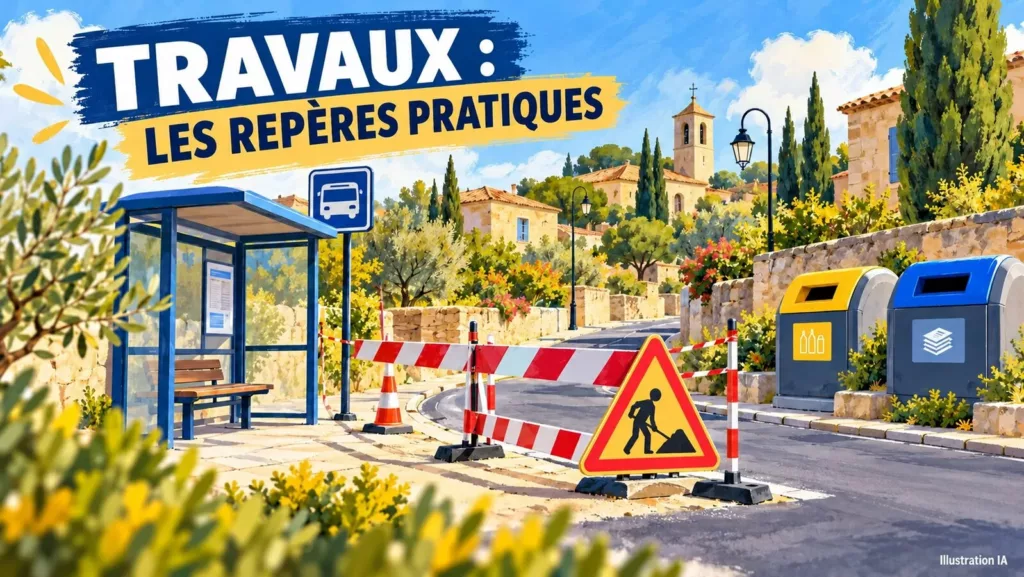 Espondeilhan : déviation, bus et collecte, ce qui change dès le 19 octobre Illustration IA : arrêt de bus, barrière de chantier et bacs collectifs dans un village imaginaire.