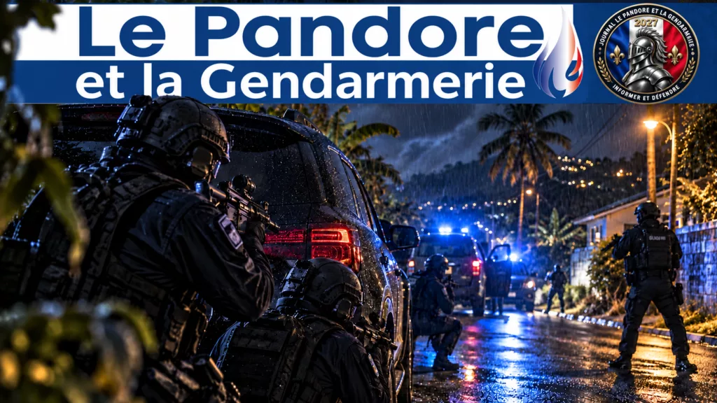 Guadeloupe : quatre suspects écroués après les tirs ayant blessé deux gendarmes du GIGN Illustration générée par IA d'une intervention de gendarmes de nuit dans un décor tropical, avec le bandeau officiel du Pandore et la rondache 2027.