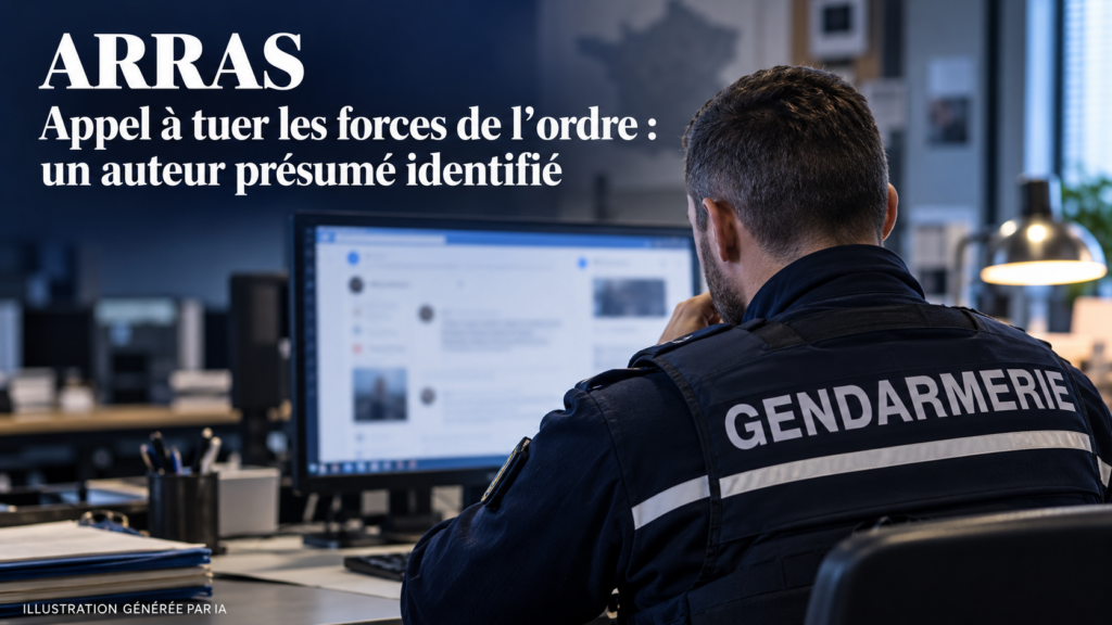 Illustration générée par IA montrant un gendarme de dos devant un écran d’ordinateur dans un bureau.