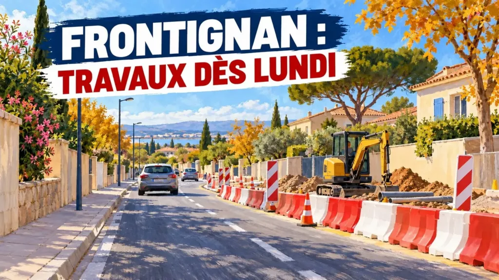 Frontignan : deux chantiers dès lundi, les accès à anticiper Illustration IA : un chantier longe une rue imaginaire encore passante.