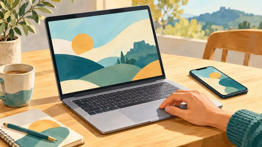 Grand Pic Saint-Loup : des ateliers numériques gratuits pendant les vacances Illustration générée par IA : un ordinateur portable et un téléphone sur une table, avec une main près du pavé tactile.