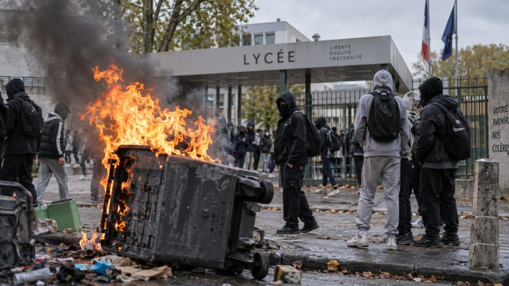Illustration générée par IA : poubelle en feu et personnes au visage couvert devant un lycée fictif.
