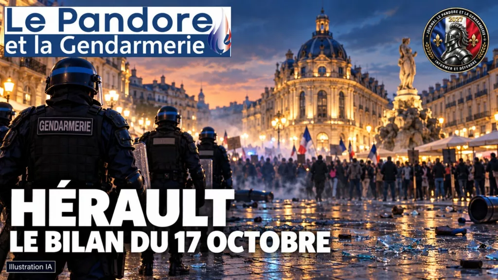 Manifestations dans l’Hérault : 69 interpellations et 38 policiers blessés, le point au matin Illustration IA du bilan des manifestations dans l’Hérault : gendarmes de dos, foule et verre brisé, avec le bandeau du Pandore et la rondache chevalier 2027.