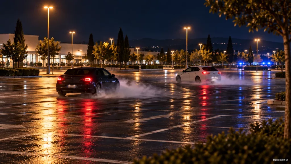 Lattes : un policier blessé lors d’un rassemblement de rodéos réunissant jusqu’à 400 personnes Illustration IA : dérapages de voitures sur un parking de nuit. Scène fictive sans représentation des faits réels.