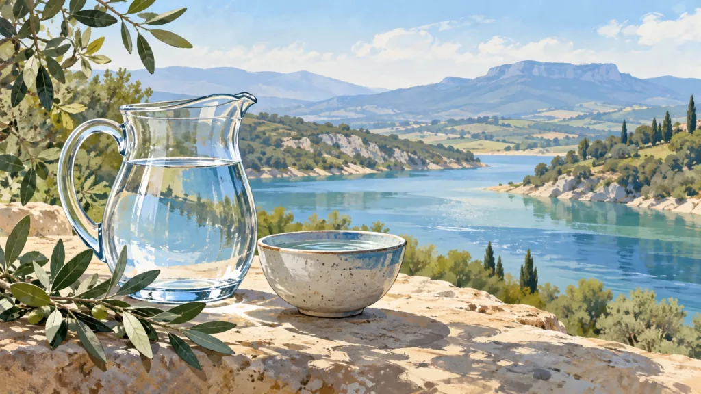 Le Bosc : un rendez-vous ce 14 octobre pour comprendre l’avenir de l’eau Illustration créée par IA : une carafe et un bol d’eau devant un paysage rural imaginaire.